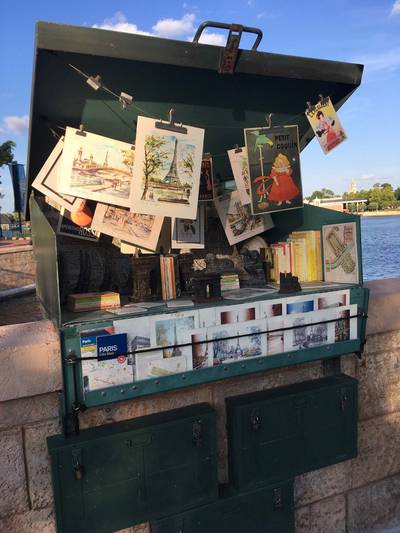 Traditional green bookseller's box found in France at Epcot's World Showcase.