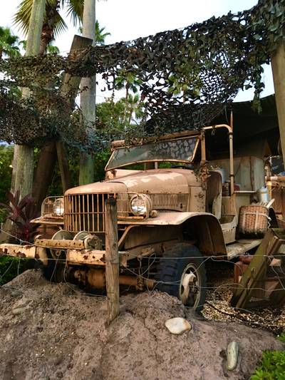 Abandoned jeep at dig site on the edge of Echo Lake, Disney's Hollywood Studios.