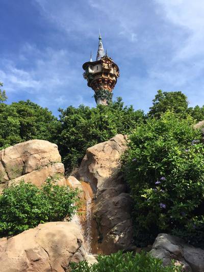 Rapunzel's Tower seen from the walkway between Fantasyland and the Haunted Mansion